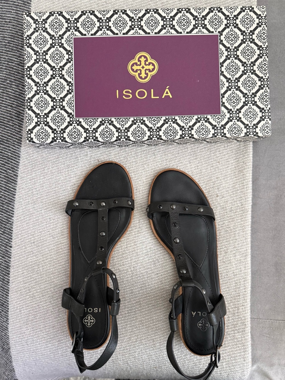 Isola Black Leather Stud-Detail T-Strap Sandals